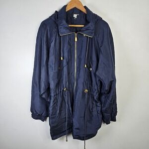 FU DA International Jacket Mens Large Navy Blue Silk Hooded Drawstring‎ Pockets